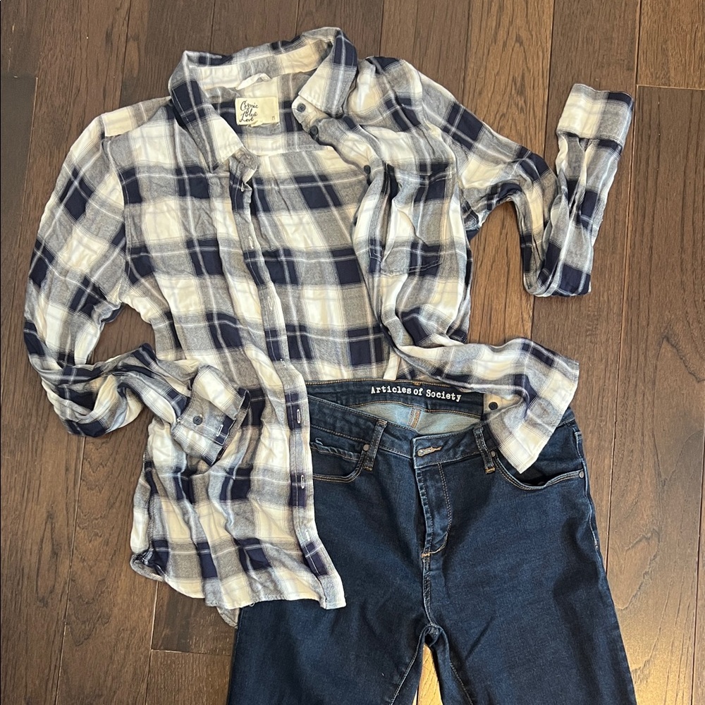 **Outfit** Articles Of Society Denim Jeans and Cosmic Blue Love Plaid Shirt